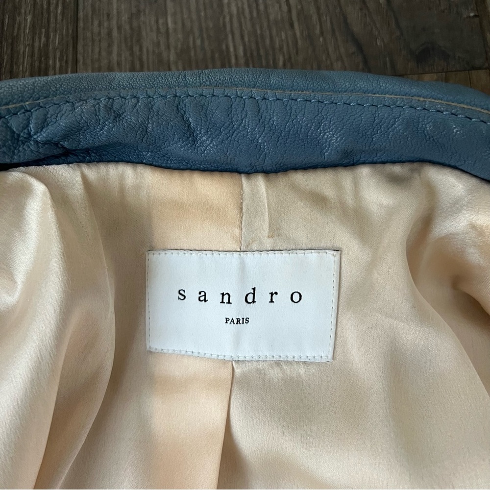 Sandro Blue Goat Leather Coat Biker Moto Bomber Jacket with Pleated Sleeves - Picture 11 of 16